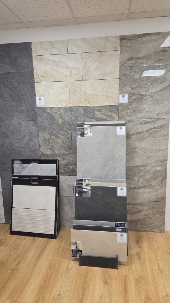 Tile sample racks inside the Tile Master MK showroom