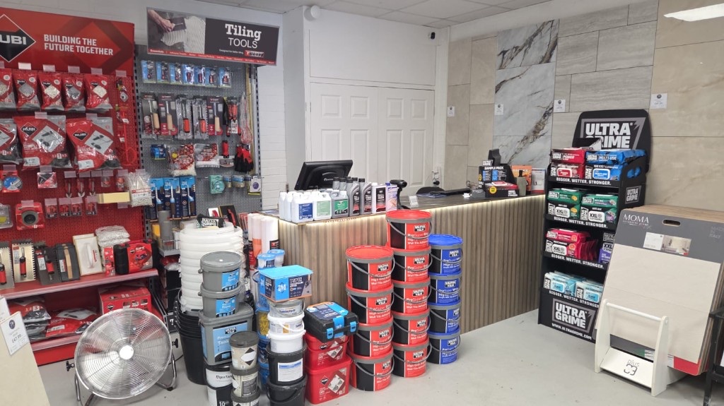 Tile Master MK trade counter with Rubi tools and Ultra Tile adhesives